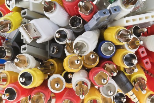 Close-up image showing a dense collection of various electrical plugs and adapters in different colors, including red, white, yellow, black, and gray. The plugs are primarily of the type used for domestic appliances, with some featuring two-prong and three-prong configurations. The objects are stacked irregularly, with some facing upward and others sideways, creating a chaotic visual arrangement. The surface texture of the plugs appears smooth and plastic, with metallic prongs visible in some. The background is mostly obscured by the concentrated mass of electrical accessories, with no clear indication of their environment. This dense assortment of electrical components relates to waste items collected by Garden Clearance Shortlands as part of a rubbish removal service, typical of items seen during the clearance of household or garden waste involving electrical disposables or discarded appliances.